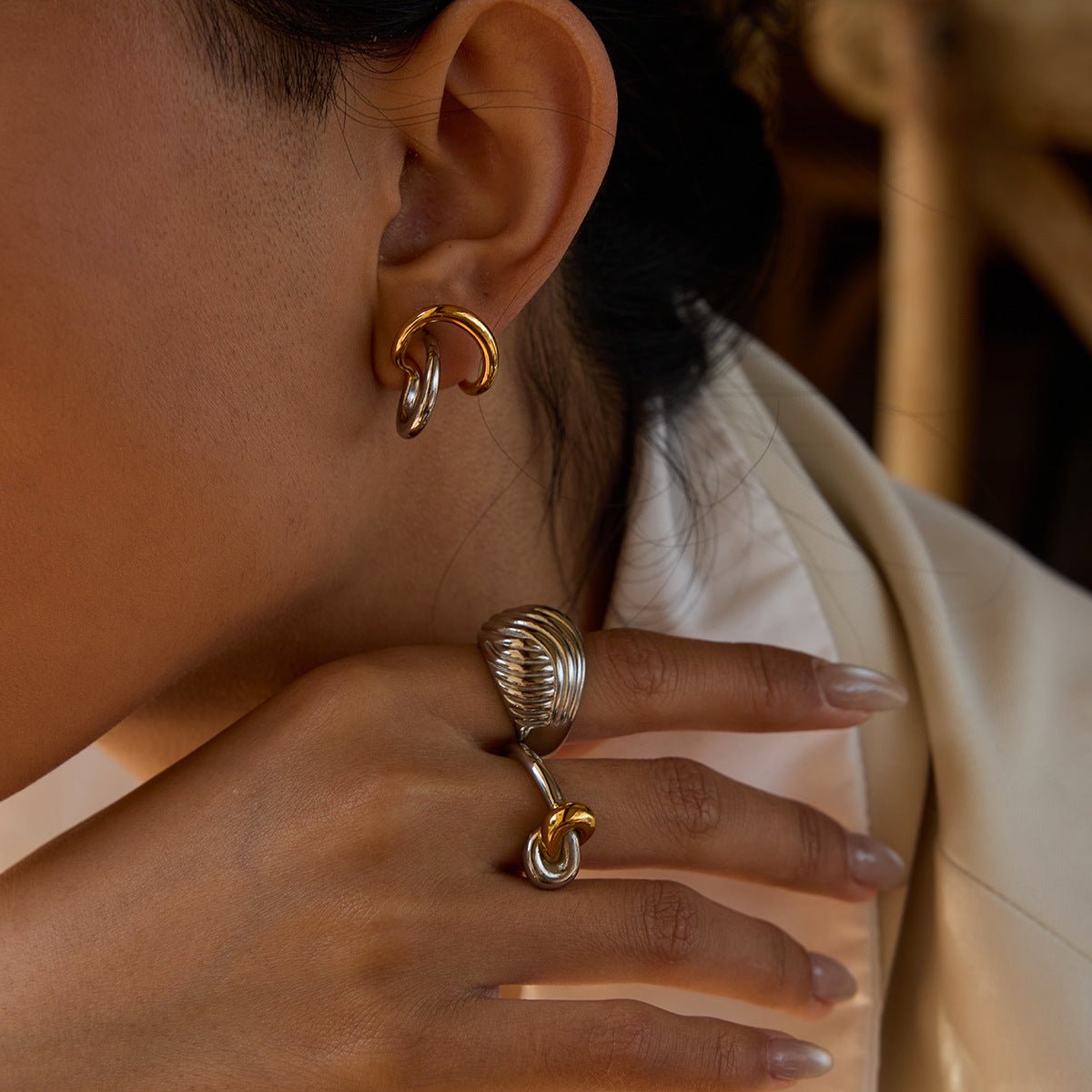 Two - Tone Curved Line Hoop Earrings | 18K Gold - Plated Titanium Steel - Aruary Studio ｜ Artisanal Jewelry