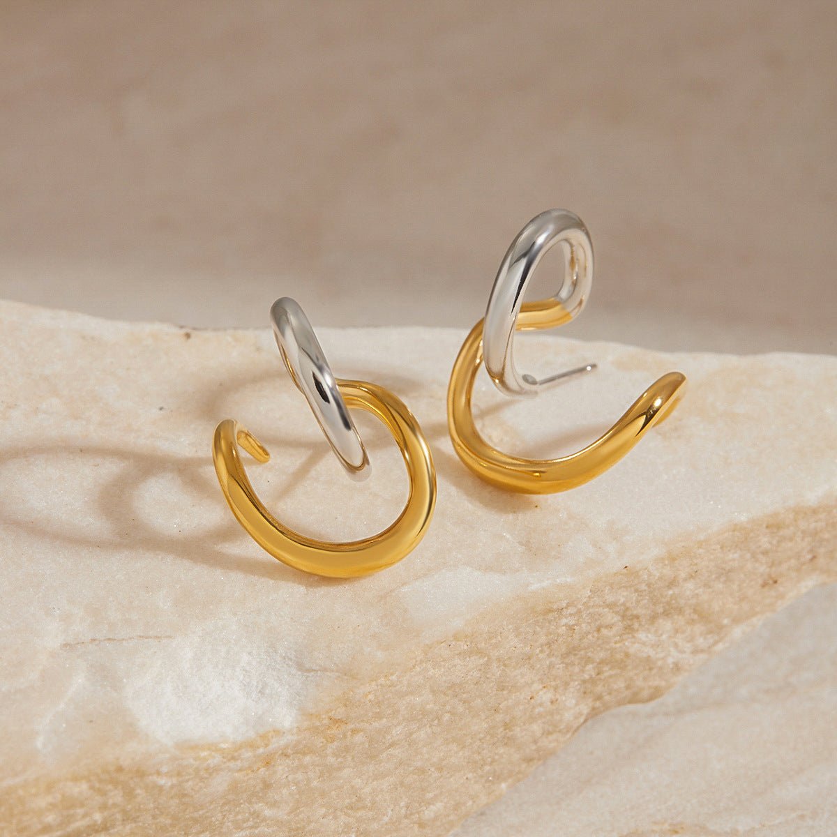 Two - Tone Curved Line Hoop Earrings | 18K Gold - Plated Titanium Steel - Aruary Studio ｜ Artisanal Jewelry