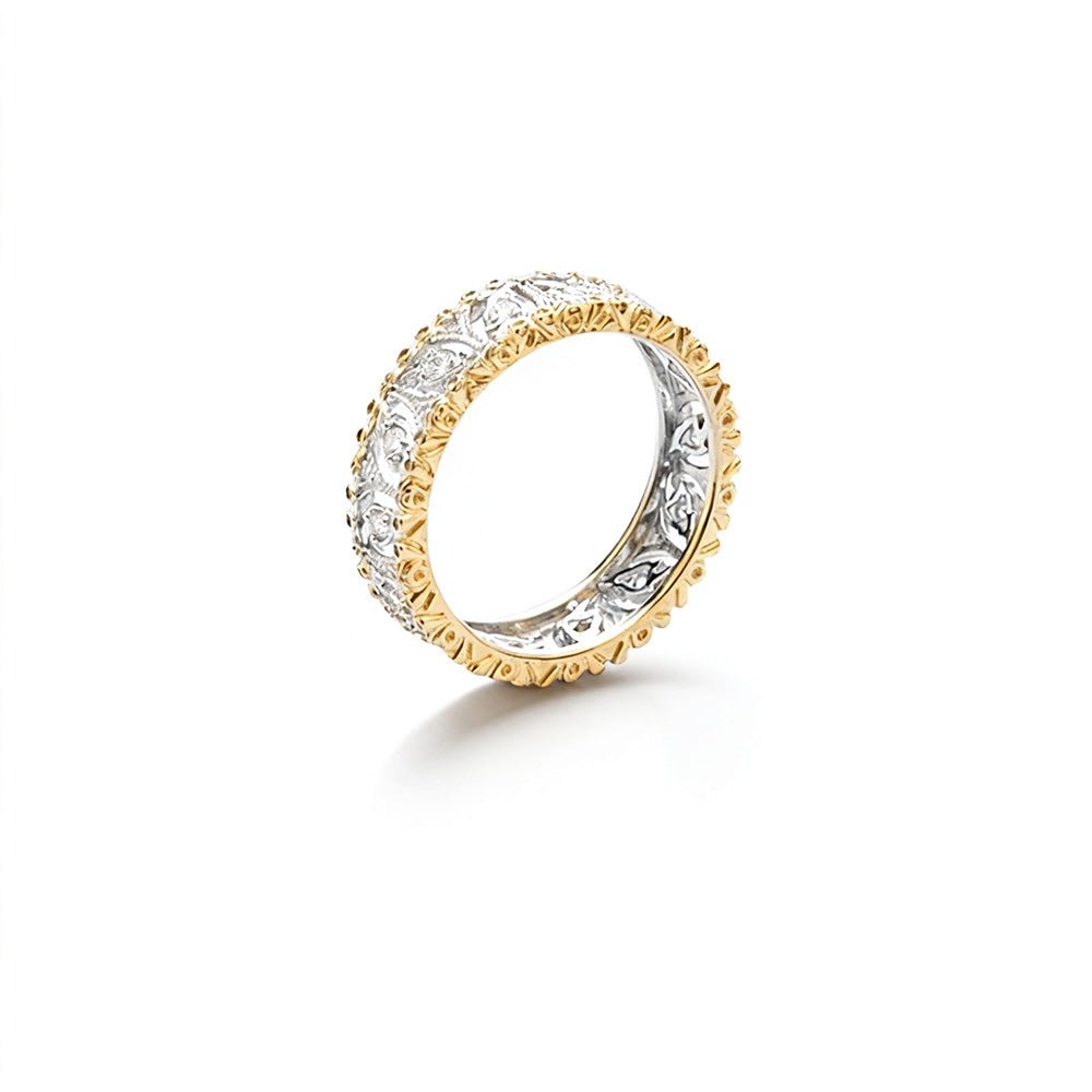Two - Tone Gold Ring with Intricate Floral Design | 925 Sterling Silver Gold Plated | 5A Cubic Zirconia Accents - Aruary Studio ｜ Artisanal Jewelry