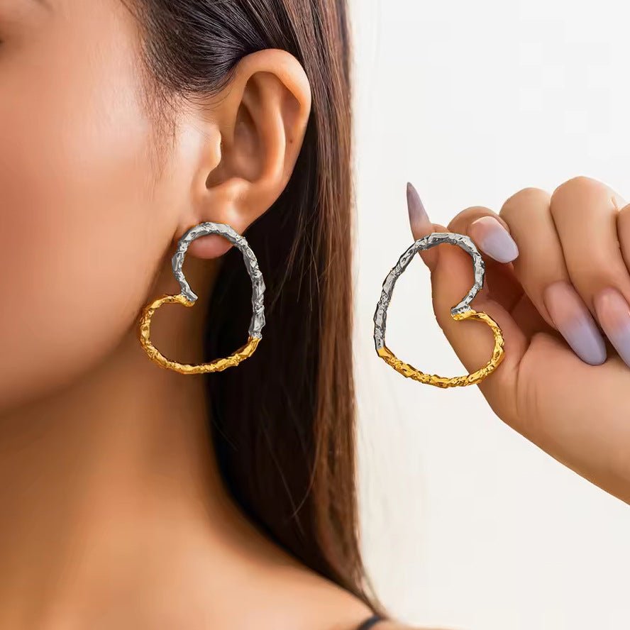 Two - Tone Heart Hoop Earrings | Titanium Steel - Edgy & Romantic Statement Jewelry - Aruary Studio ｜ Artisanal Jewelry