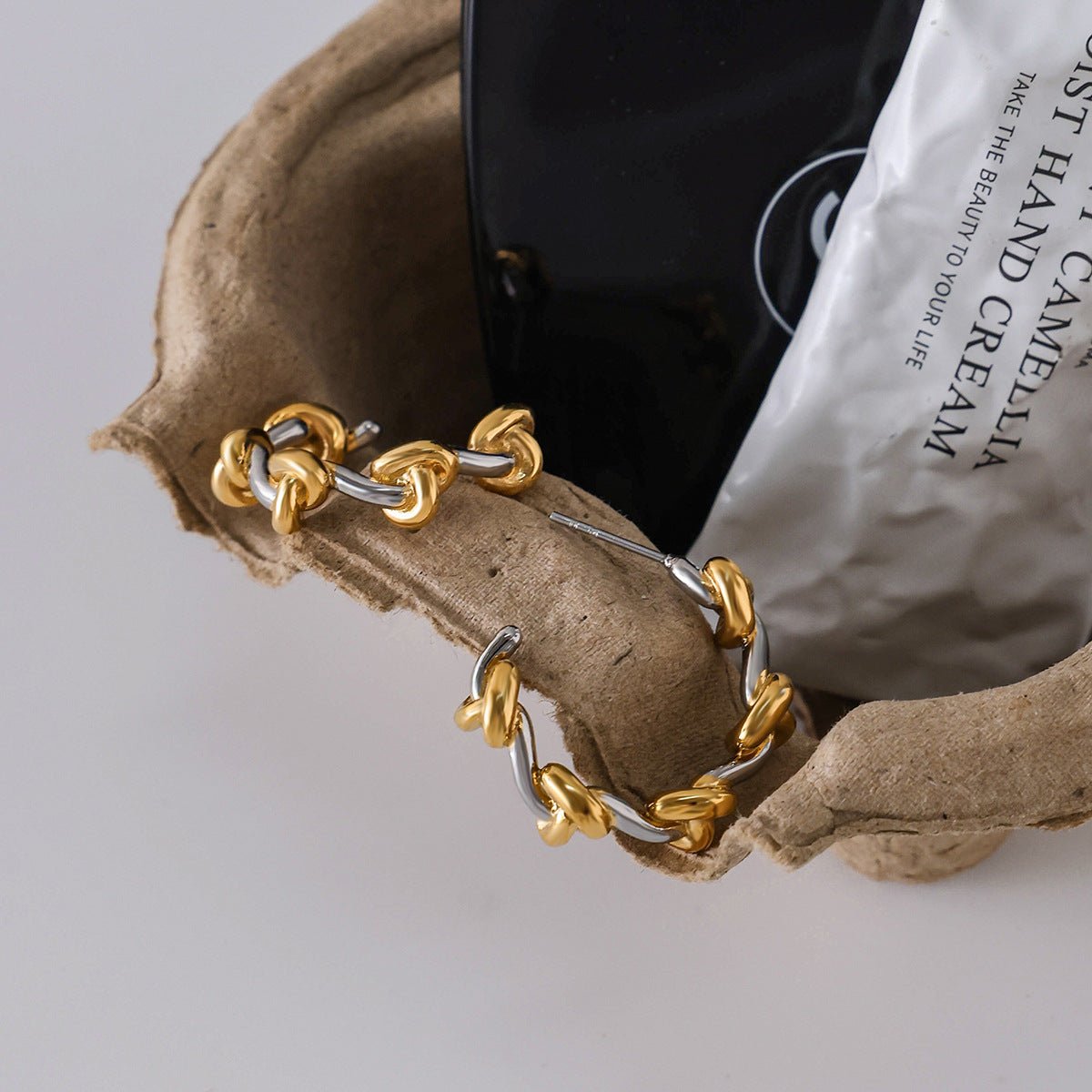 Two - Tone Knot Chain Hoop Earrings - Gold and Silver Mixed Metal Dangling Hoops with Celtic Knot Detail - Aruary Studio ｜ Artisanal Jewelry