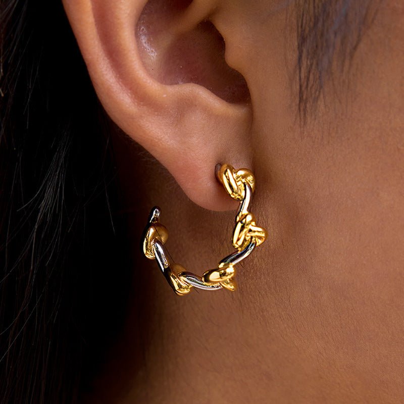 Two - Tone Knot Chain Hoop Earrings - Gold and Silver Mixed Metal Dangling Hoops with Celtic Knot Detail - Aruary Studio ｜ Artisanal Jewelry