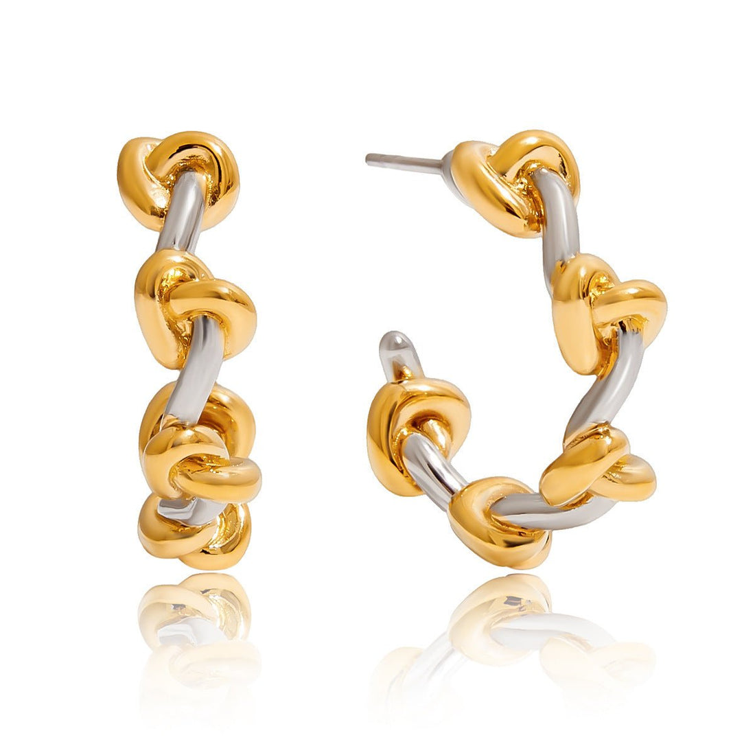 Two - Tone Knot Chain Hoop Earrings - Gold and Silver Mixed Metal Dangling Hoops with Celtic Knot Detail - Aruary Studio ｜ Artisanal Jewelry