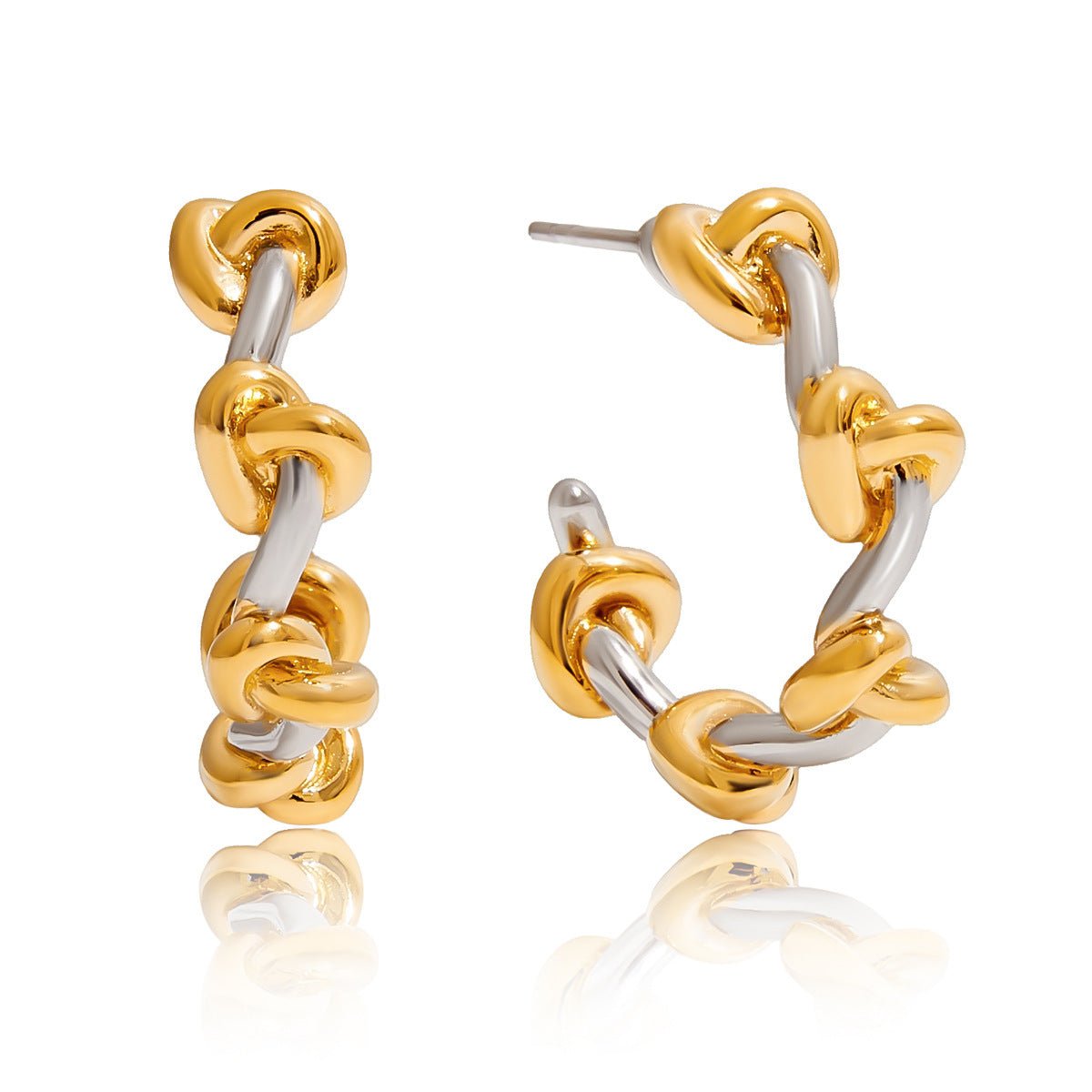 Two - Tone Knot Chain Hoop Earrings - Gold and Silver Mixed Metal Dangling Hoops with Celtic Knot Detail - Aruary Studio ｜ Artisanal Jewelry