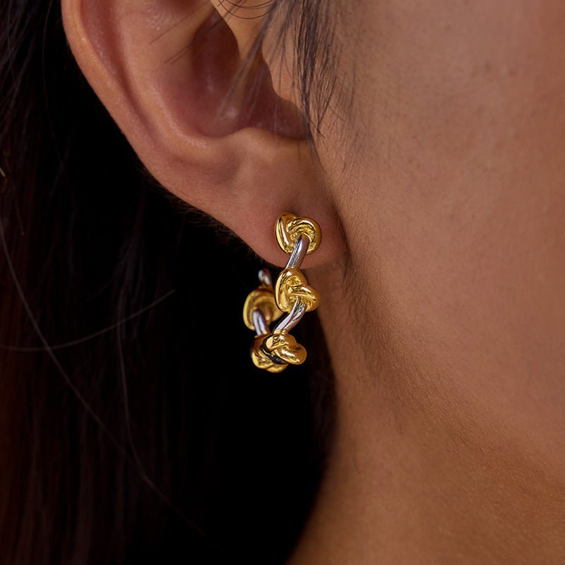 Two - Tone Knot Chain Hoop Earrings - Gold and Silver Mixed Metal Dangling Hoops with Celtic Knot Detail - Aruary Studio ｜ Artisanal Jewelry