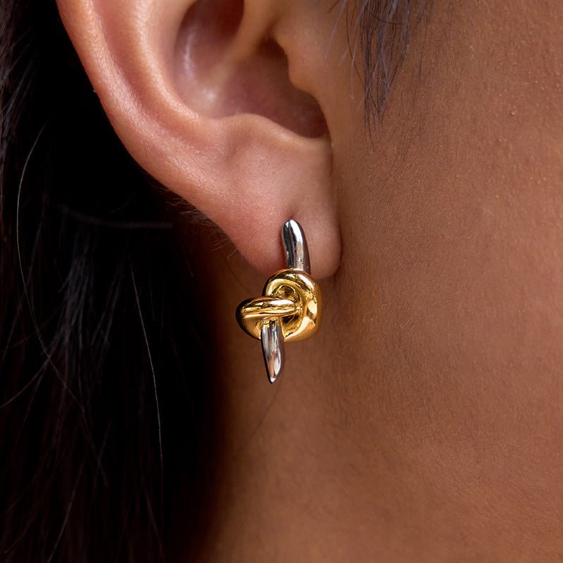 Two - Tone Knot & Spike Stud Earrings - Sterling Silver & 14K Gold Plated Edgy Yet Chic Everyday Ear Studs - Aruary Studio ｜ Artisanal Jewelry