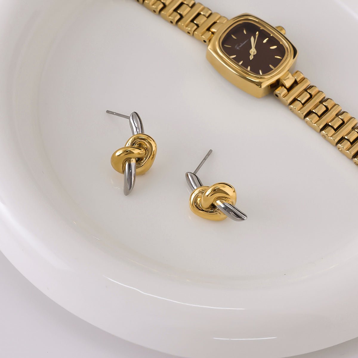 Two - Tone Knot & Spike Stud Earrings - Sterling Silver & 14K Gold Plated Edgy Yet Chic Everyday Ear Studs - Aruary Studio ｜ Artisanal Jewelry