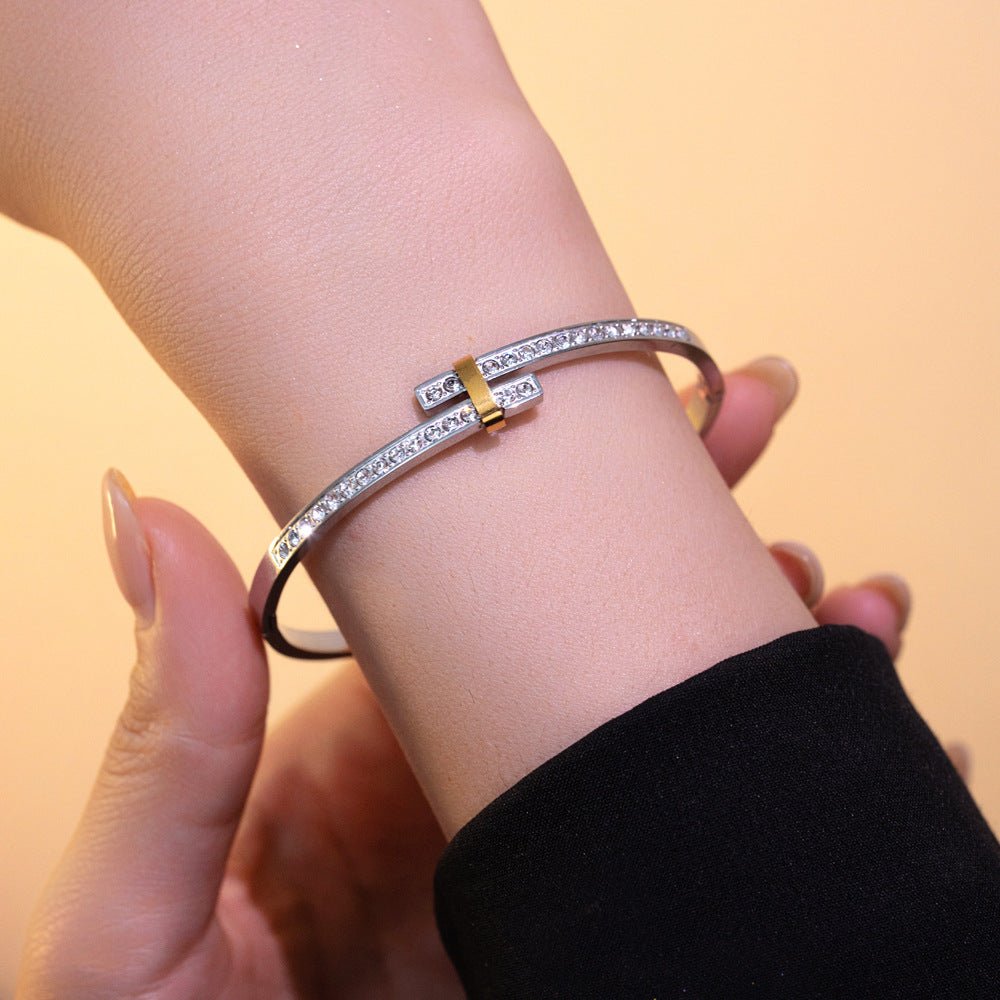 Two - Tone Pavé Zircon Bangle | Alloy Gold Plated - Elegant Contrast with Dazzling Sparkle - Aruary Studio ｜ Artisanal Jewelry