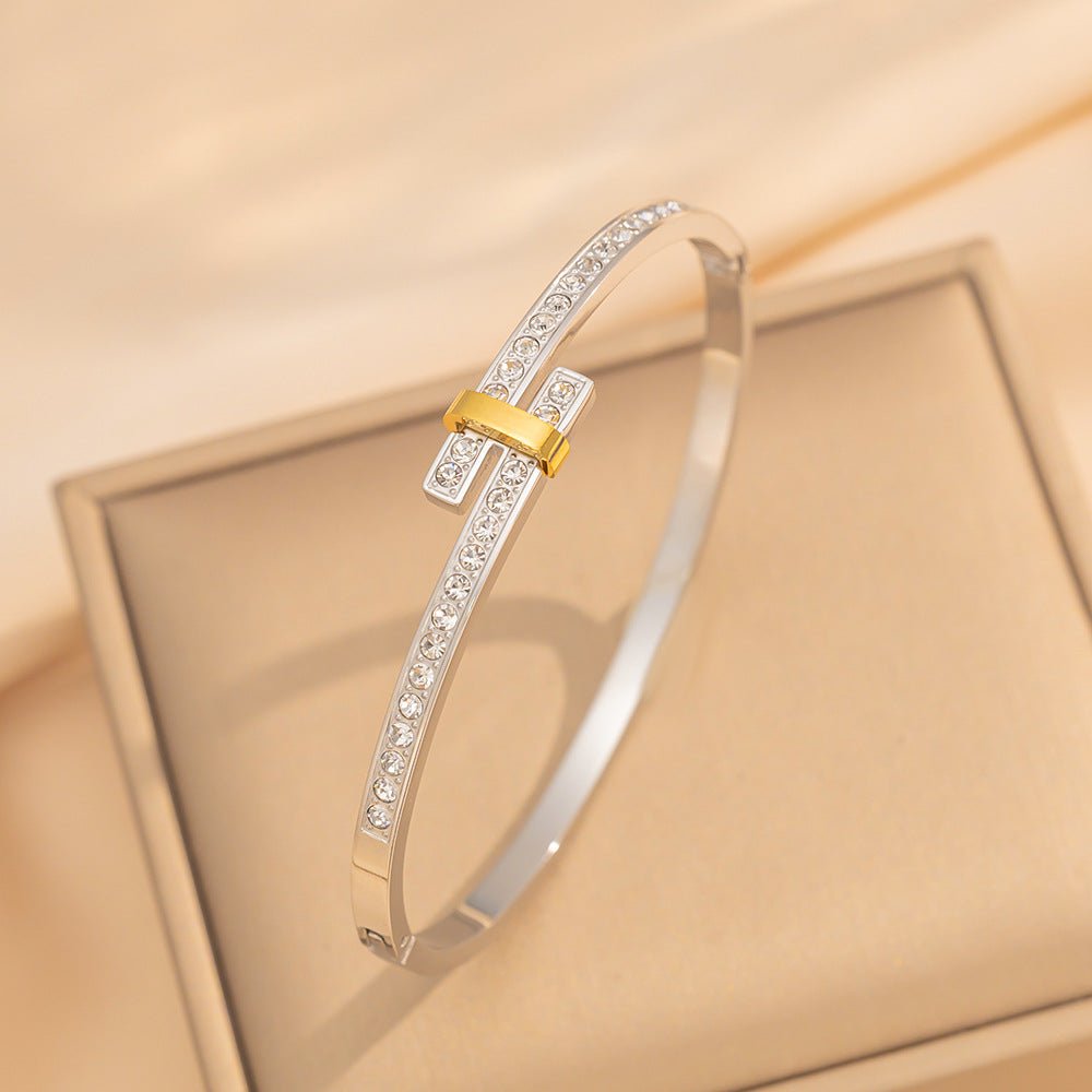 Two - Tone Pavé Zircon Bangle | Alloy Gold Plated - Elegant Contrast with Dazzling Sparkle - Aruary Studio ｜ Artisanal Jewelry