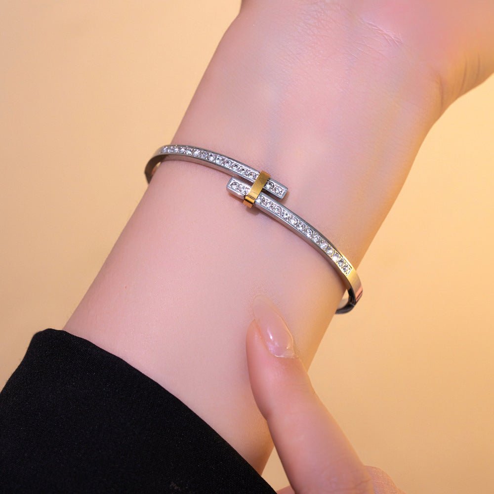 Two - Tone Pavé Zircon Bangle | Alloy Gold Plated - Elegant Contrast with Dazzling Sparkle - Aruary Studio ｜ Artisanal Jewelry