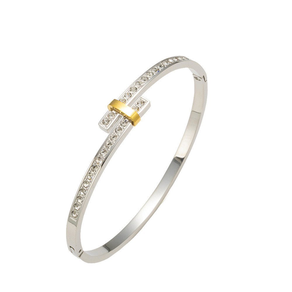 Two - Tone Pavé Zircon Bangle | Alloy Gold Plated - Elegant Contrast with Dazzling Sparkle - Aruary Studio ｜ Artisanal Jewelry
