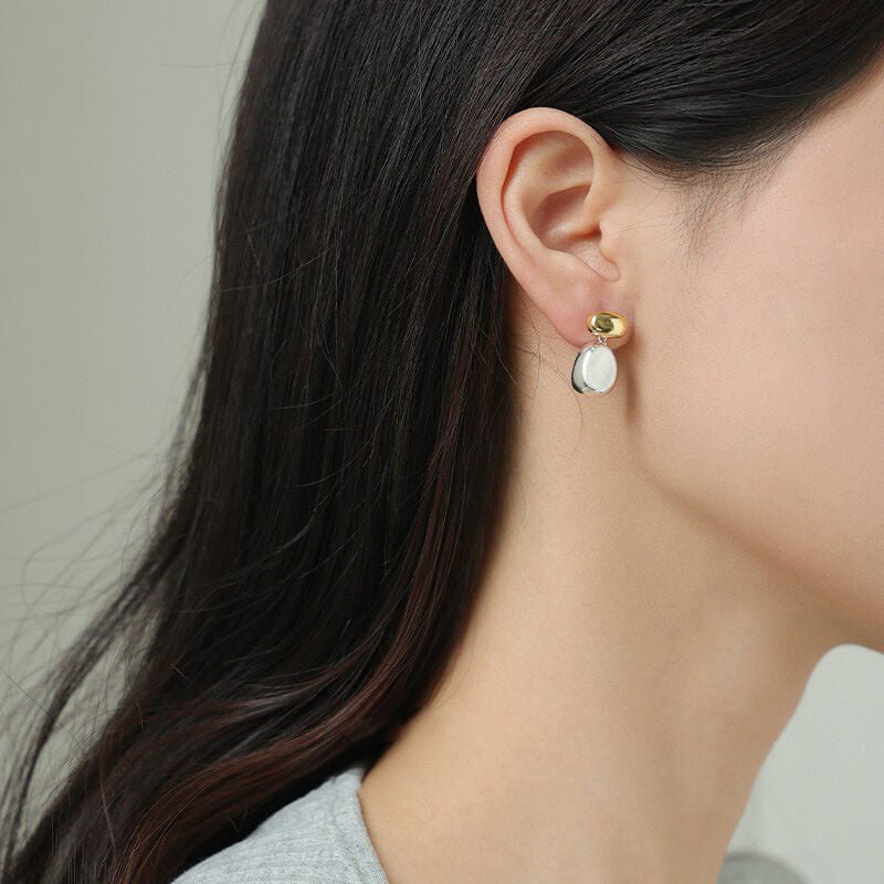 Two - Tone Silver Brushed Statement Stud Earrings | Gold - Plated Brass + 925 Sterling Silver Posts - Aruary Studio ｜ Artisanal Jewelry