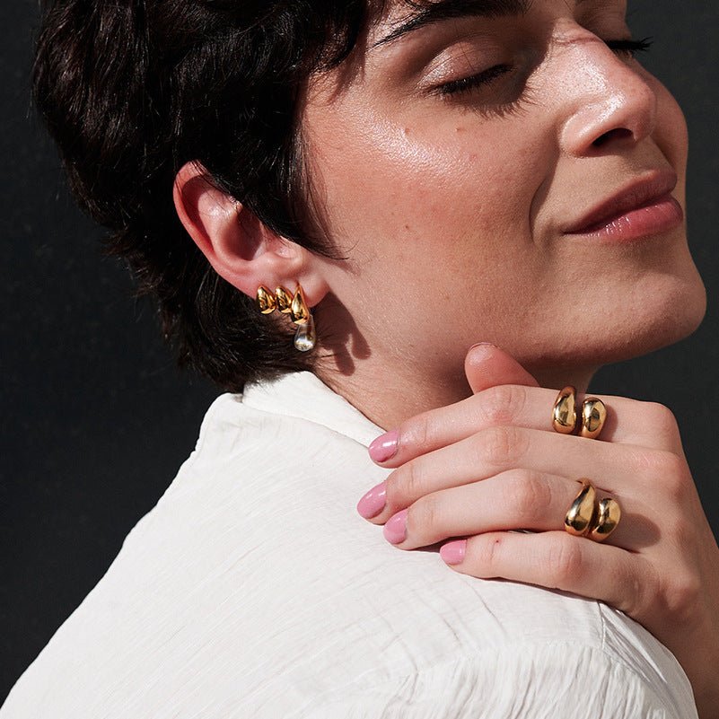 Two - Tone Water Drop Stud Earrings | Titanium Steel with Gold Plating - Elegant Modern Statement Jewelry - Aruary Studio ｜ Artisanal Jewelry