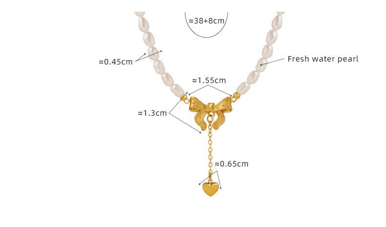 Vintage Bow & Heart Freshwater Pearl Necklace | Titanium Steel Gold Plated - Romantic Elegance with Adjustable Fit - Aruary Studio ｜ Artisanal Jewelry