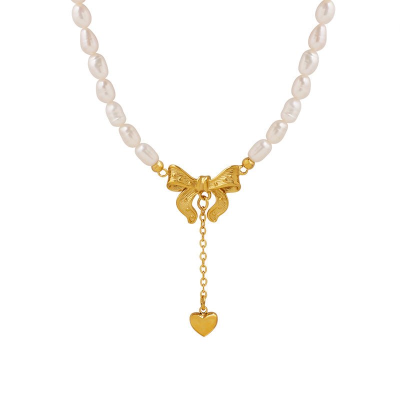 Vintage Bow & Heart Freshwater Pearl Necklace | Titanium Steel Gold Plated - Romantic Elegance with Adjustable Fit - Aruary Studio ｜ Artisanal Jewelry