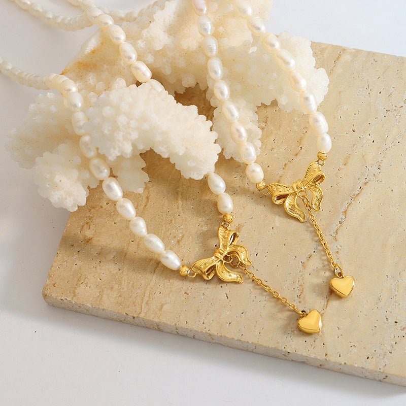 Vintage Bow & Heart Freshwater Pearl Necklace | Titanium Steel Gold Plated - Romantic Elegance with Adjustable Fit - Aruary Studio ｜ Artisanal Jewelry