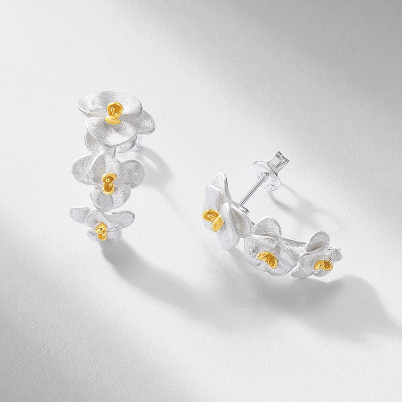 Vintage Brushed Moth Orchid Drop Earrings | 925 Sterling Silver Plated 10K Gold - Aruary Studio ｜ Artisanal Jewelry