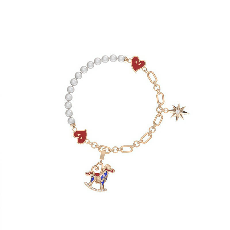 Vintage Carousel Pearl Charm Bracelet – Hand - Enameled Rocking Horse & Heart Charms, Elegant Gold - Tone Pearl Jewelry for Women - Aruary Studio ｜ Artisanal Jewelry