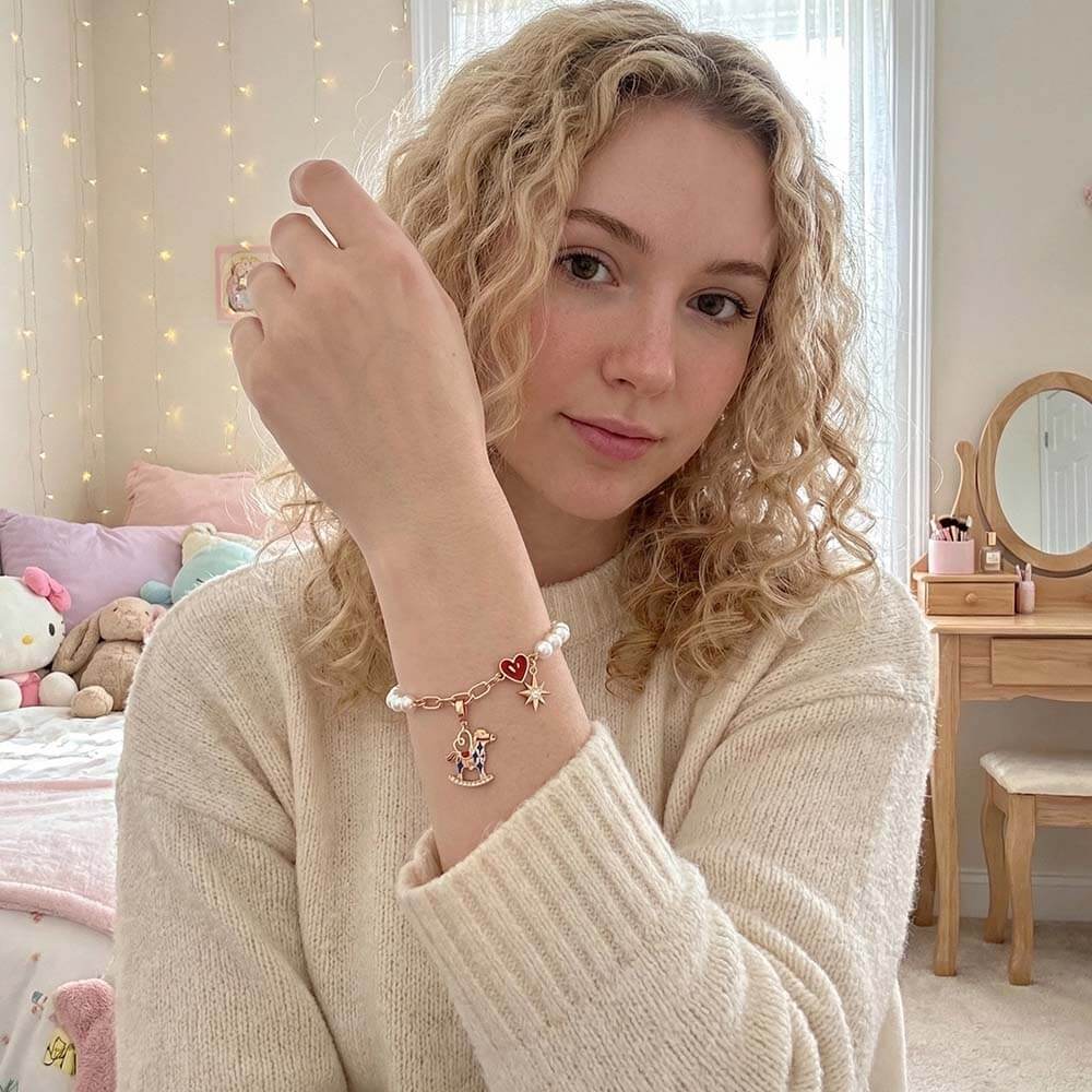 Vintage Carousel Pearl Charm Bracelet – Hand - Enameled Rocking Horse & Heart Charms, Elegant Gold - Tone Pearl Jewelry for Women - Aruary Studio ｜ Artisanal Jewelry