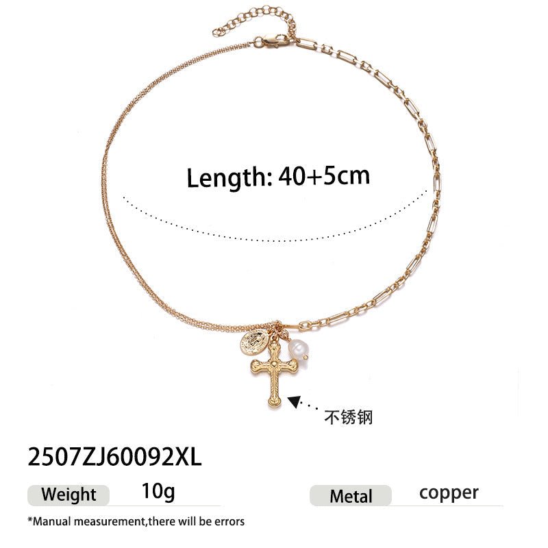 Vintage Cross Pendant Necklace | 18K Gold Plated | Tiger's Eye & Natural Pearl Accent - Aruary Studio ｜ Artisanal Jewelry