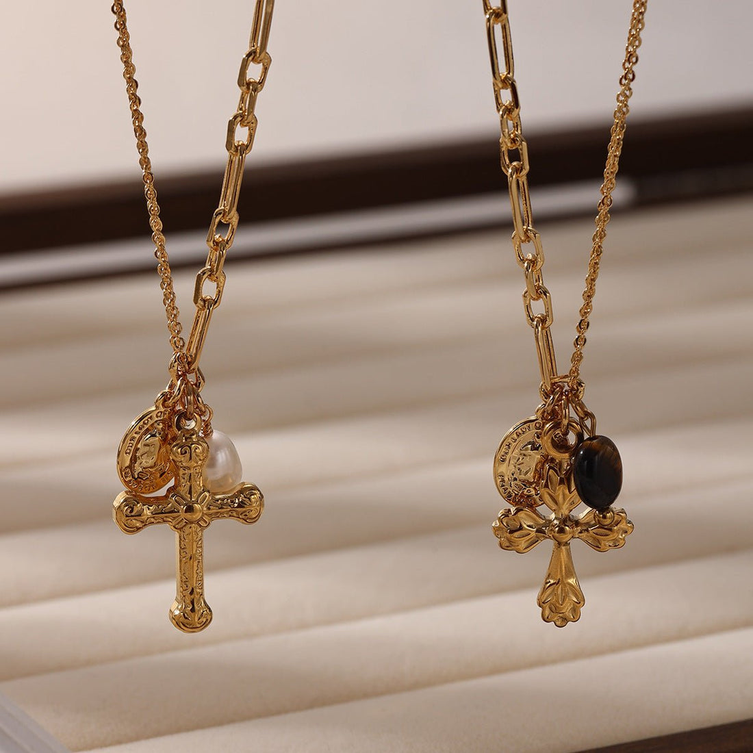Vintage Cross Pendant Necklace | 18K Gold Plated | Tiger's Eye & Natural Pearl Accent - Aruary Studio ｜ Artisanal Jewelry