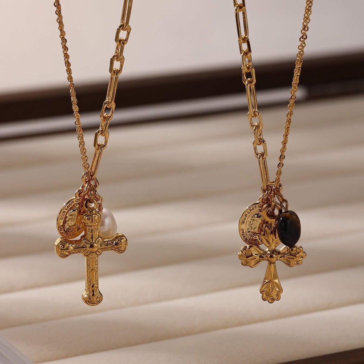 Vintage Cross Pendant Necklace | 18K Gold Plated | Tiger's Eye & Natural Pearl Accent - Aruary Studio ｜ Artisanal Jewelry