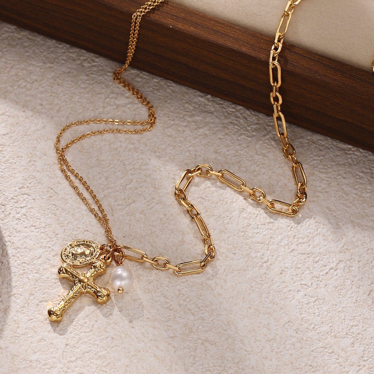Vintage Cross Pendant Necklace | 18K Gold Plated | Tiger's Eye & Natural Pearl Accent - Aruary Studio ｜ Artisanal Jewelry