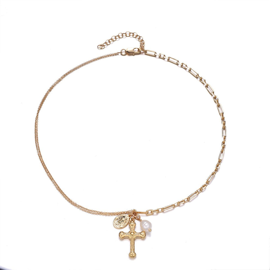 Vintage Cross Pendant Necklace | 18K Gold Plated | Tiger's Eye & Natural Pearl Accent - Aruary Studio ｜ Artisanal Jewelry