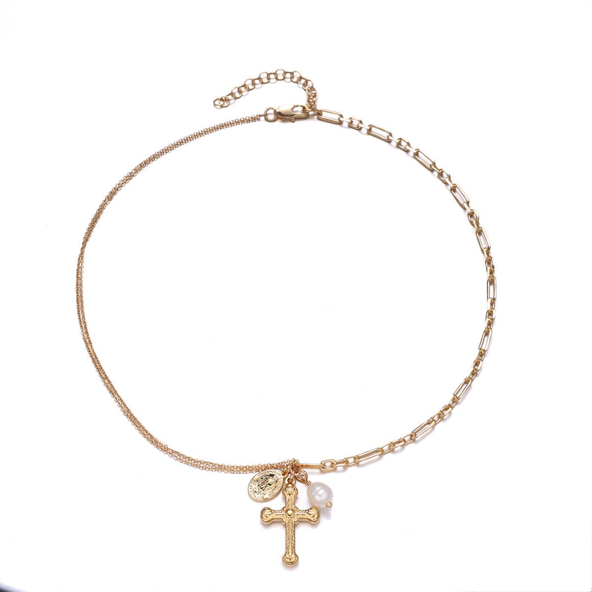 Vintage Cross Pendant Necklace | 18K Gold Plated | Tiger's Eye & Natural Pearl Accent - Aruary Studio ｜ Artisanal Jewelry