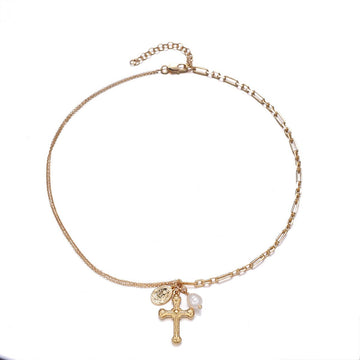 Vintage Cross Pendant Necklace | 18K Gold Plated | Tiger's Eye & Natural Pearl Accent - Aruary Studio ｜ Artisanal Jewelry