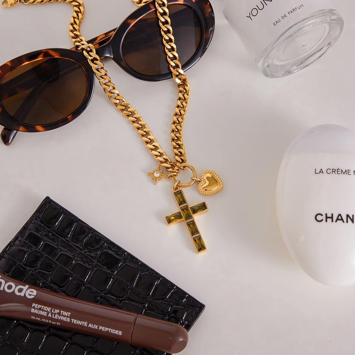 Vintage Cross & Zircon Charm Necklace | Titanium Steel - Edgy Spiritual Statement Jewelry - Aruary Studio ｜ Artisanal Jewelry