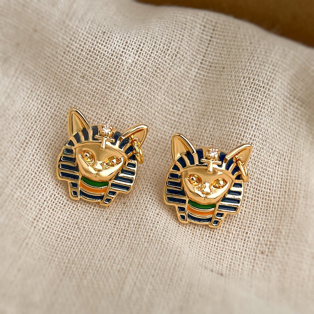 Vintage Egyptian Cat Pharaoh Earrings - Hypoallergenic 925 Sterling Silver 14K Gold Plated Enamel Studs - Aruary Studio ｜ Artisanal Jewelry