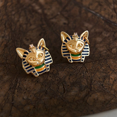 Vintage Egyptian Cat Pharaoh Earrings - Hypoallergenic 925 Sterling Silver 14K Gold Plated Enamel Studs - Aruary Studio ｜ Artisanal Jewelry