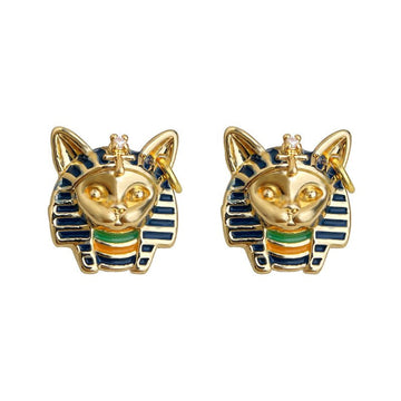Vintage Egyptian Cat Pharaoh Earrings - Hypoallergenic 925 Sterling Silver 14K Gold Plated Enamel Studs - Aruary Studio ｜ Artisanal Jewelry