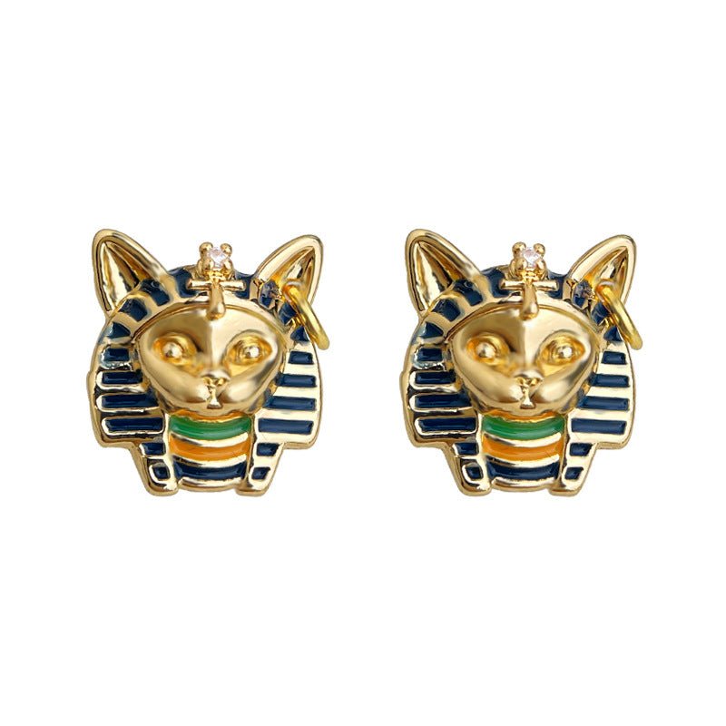 Vintage Egyptian Cat Pharaoh Earrings - Hypoallergenic 925 Sterling Silver 14K Gold Plated Enamel Studs - Aruary Studio ｜ Artisanal Jewelry