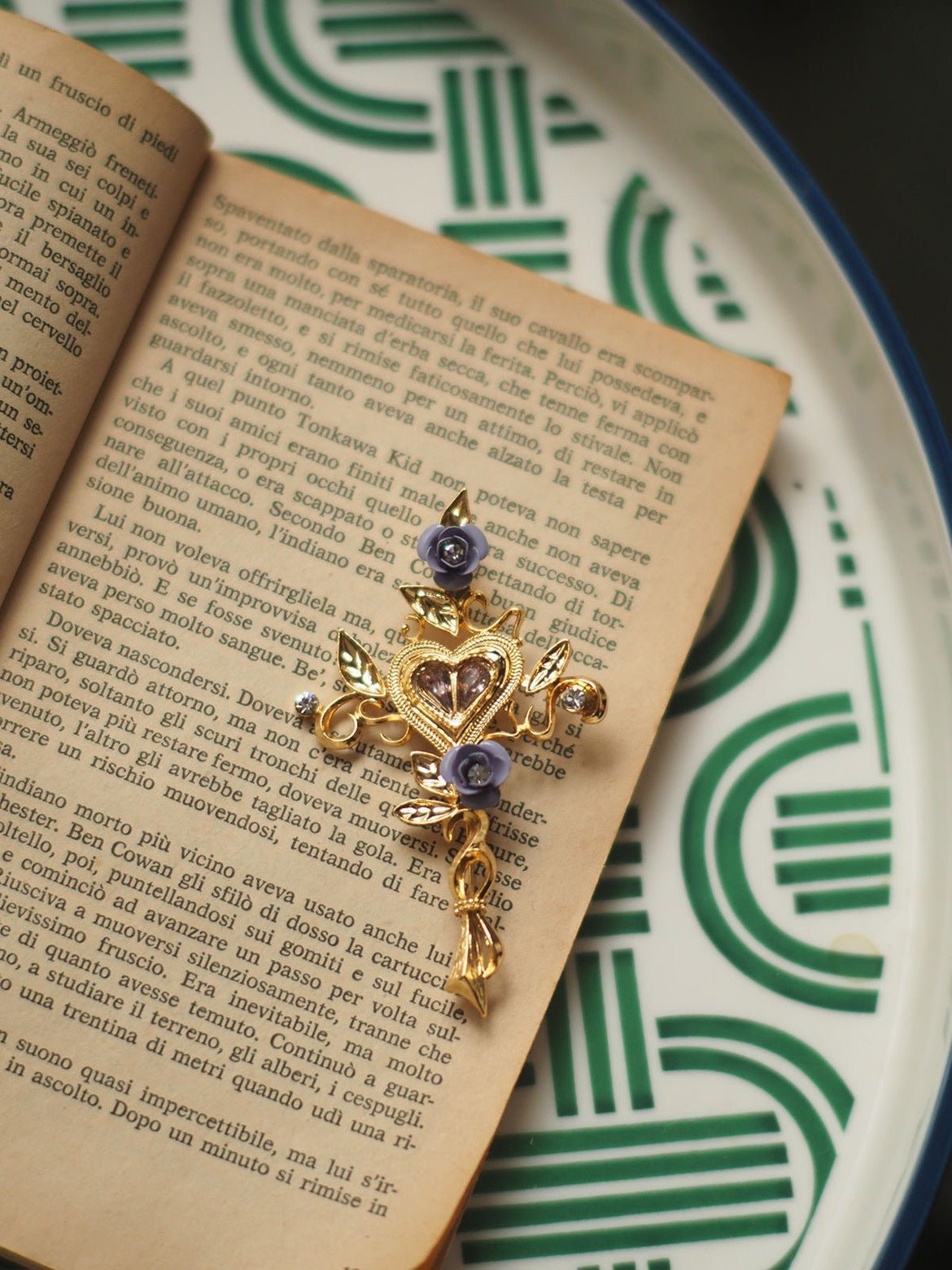 Vintage Floral Heart Brooch - Gold Plated Titanium Steel Pin with Purple Flower for Jackets, Bags & Hats - Aruary Studio ｜ Artisanal Jewelry