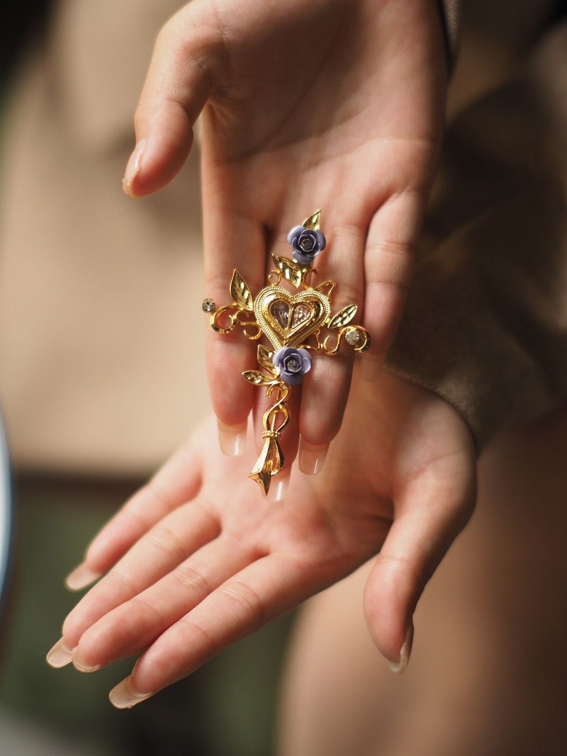 Vintage Floral Heart Brooch - Gold Plated Titanium Steel Pin with Purple Flower for Jackets, Bags & Hats - Aruary Studio ｜ Artisanal Jewelry