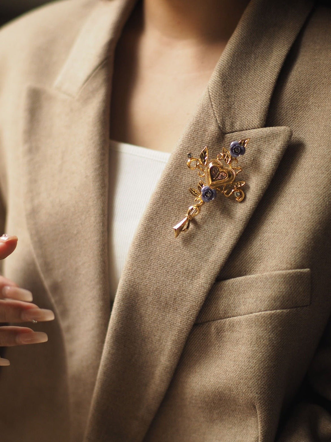 Vintage Floral Heart Brooch - Gold Plated Titanium Steel Pin with Purple Flower for Jackets, Bags & Hats - Aruary Studio ｜ Artisanal Jewelry