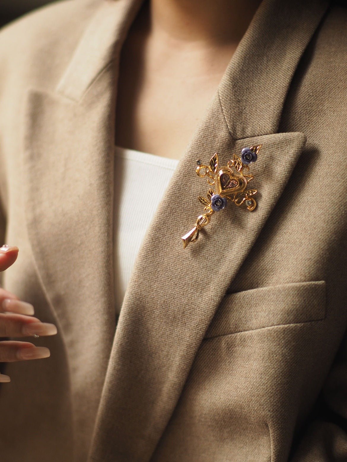 Vintage Floral Heart Brooch - Gold Plated Titanium Steel Pin with Purple Flower for Jackets, Bags & Hats - Aruary Studio ｜ Artisanal Jewelry