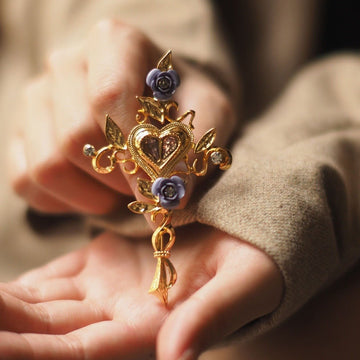 Vintage Floral Heart Brooch - Gold Plated Titanium Steel Pin with Purple Flower for Jackets, Bags & Hats - Aruary Studio ｜ Artisanal Jewelry
