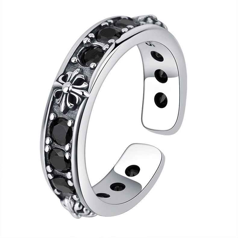 Gothic Cross Ring with Black Gemstone Open Design