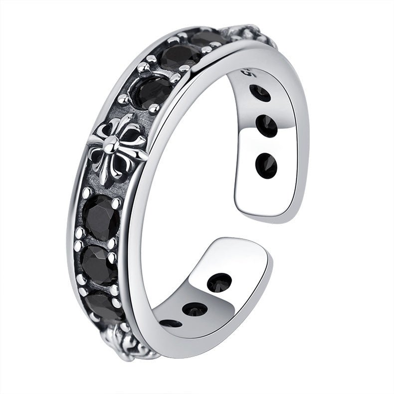 Vintage Oxidized Cross Black Zircon Open Ring | S925 Sterling Silver - Edgy Retro Style with Mysterious Sparkle - Aruary Studio ｜ Artisanal Jewelry