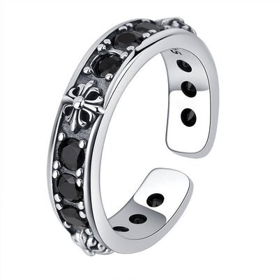 Vintage Oxidized Cross Black Zircon Open Ring | S925 Sterling Silver - Edgy Retro Style with Mysterious Sparkle - Aruary Studio ｜ Artisanal Jewelry