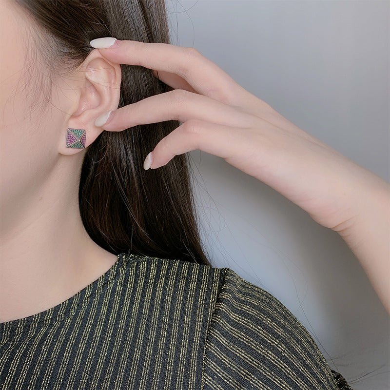 Vintage Oxidized Pyramid Colorful Zircon Stud Earrings | S925 Sterling Silver - Retro Geometric Style with Dazzling Sparkle - Aruary Studio ｜ Artisanal Jewelry