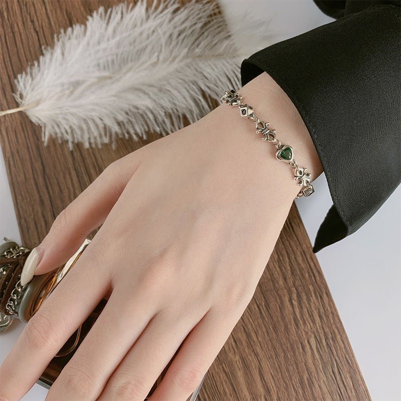 Vintage Oxidized Rainbow Zircon Bracelet with Heart, Iris & Dice | S925 Sterling Silver - Edgy Elegance with Colorful Symbolism - Aruary Studio ｜ Artisanal Jewelry