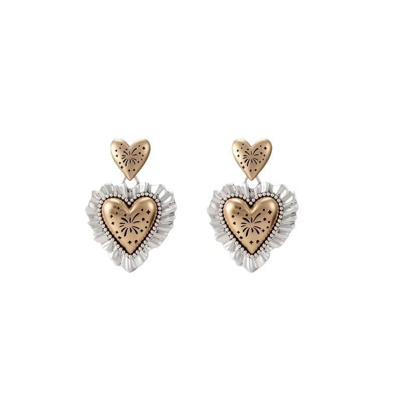 Vintage Romantic Mixed - Metal Heart Earrings – Gold and Silver Two - Tone Lace Heart Drop Earrings for Women, French Coquette Aesthetic Jewelry - Aruary Studio ｜ Artisanal Jewelry