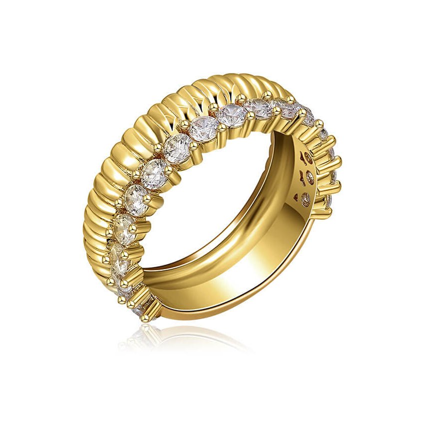 Vintage Texture 18K Gold Plated Band Ring – Sparkling 5A Cubic Zirconia Eternity Ring, Bold Stackable Statement Jewelry for Women - Aruary Studio ｜ Artisanal Jewelry
