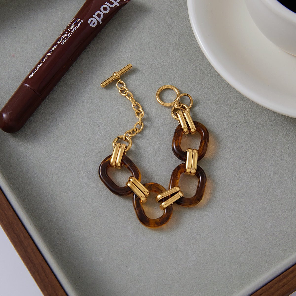 “Vintage Tortoise” Titanium Steel & Resin OT Clasp Bracelet - Gold Plated Retro Statement Piece - Aruary Studio ｜ Artisanal Jewelry