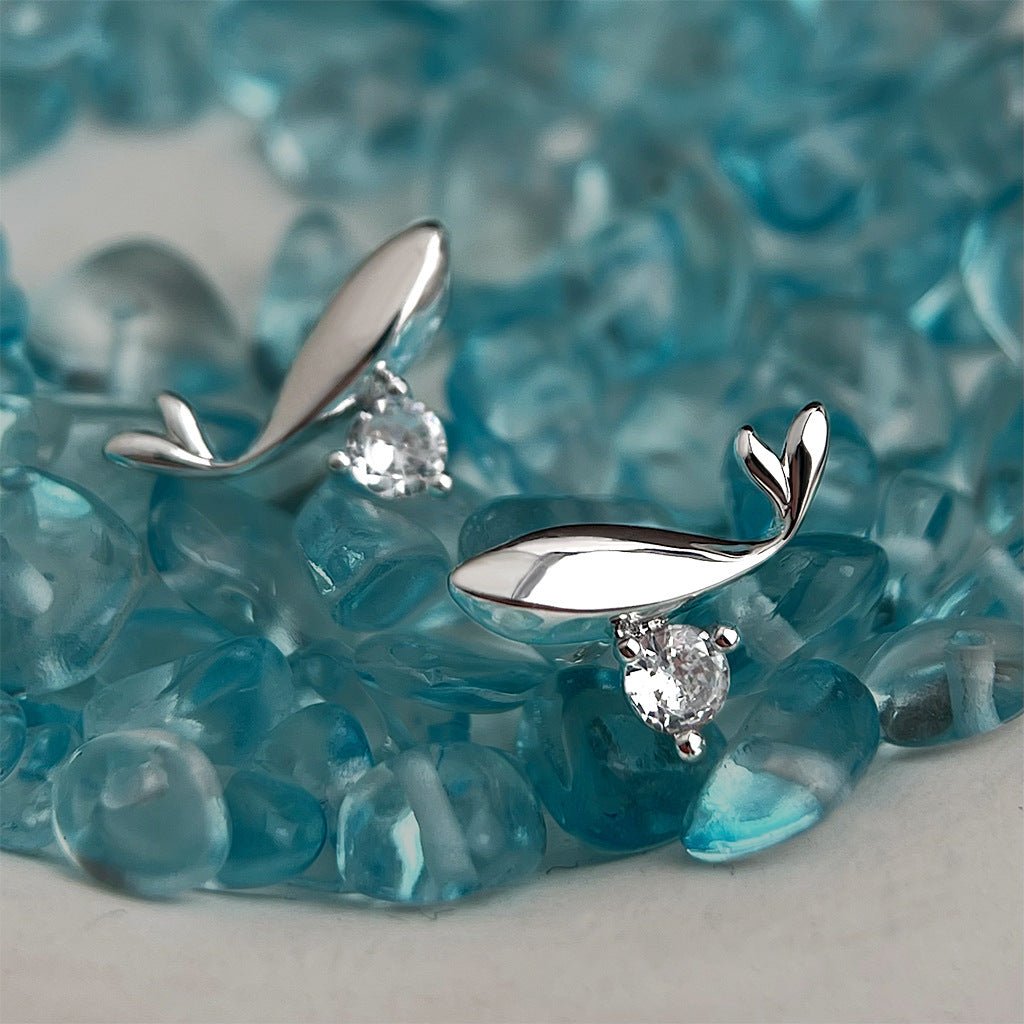 “Vintage Whale” Cubic Zirconia Stud Earrings - 18K Gold Plated Eco - Brass with Sterling Silver Posts - Aruary Studio ｜ Artisanal Jewelry