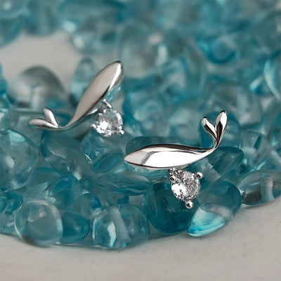 “Vintage Whale” Cubic Zirconia Stud Earrings - 18K Gold Plated Eco - Brass with Sterling Silver Posts - Aruary Studio ｜ Artisanal Jewelry